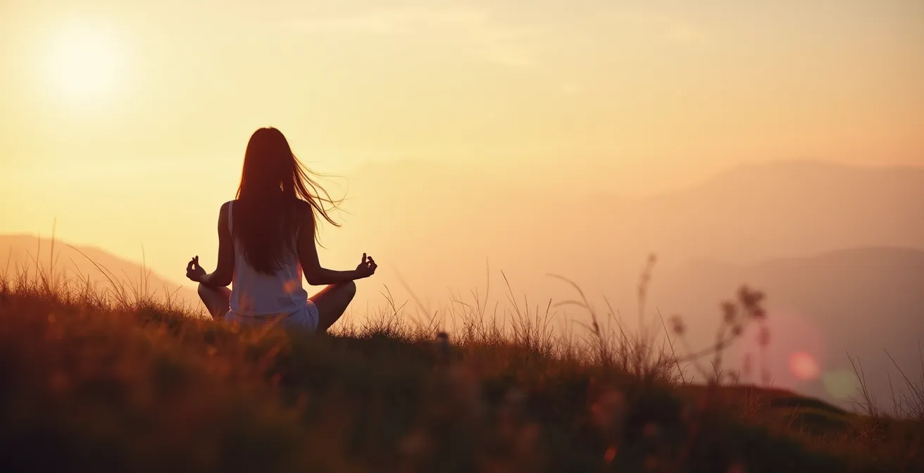 Femme en méditation dans la nature, cheveux flottant au vent