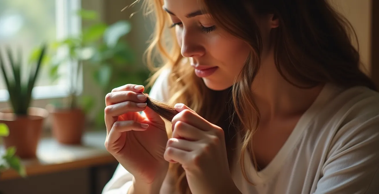 Mains d'expert analysant la texture et l'élasticité d'une mèche de cheveux