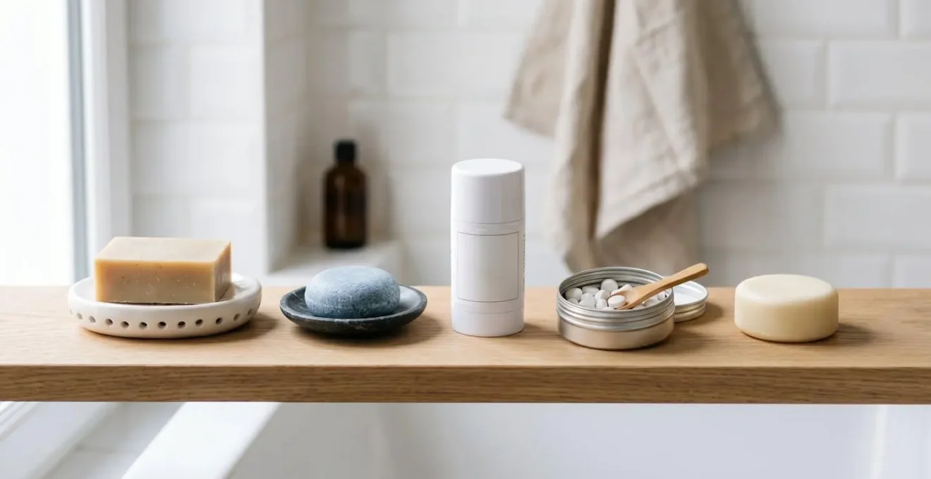 Étagère de salle de bain en bois clair présentant cinq cosmétiques solides disposés harmonieusement : savon surgras sur porte-savon céramique, galet de shampoing bleu, stick déodorant, boîte de pastilles dentifrice et conditionneur solide, dans un décor de salle de bain contemporaine française avec carrelage métro blanc et lumière naturelle