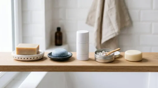 Étagère de salle de bain en bois clair présentant cinq cosmétiques solides disposés harmonieusement : savon surgras sur porte-savon céramique, galet de shampoing bleu, stick déodorant, boîte de pastilles dentifrice et conditionneur solide, dans un décor de salle de bain contemporaine française avec carrelage métro blanc et lumière naturelle