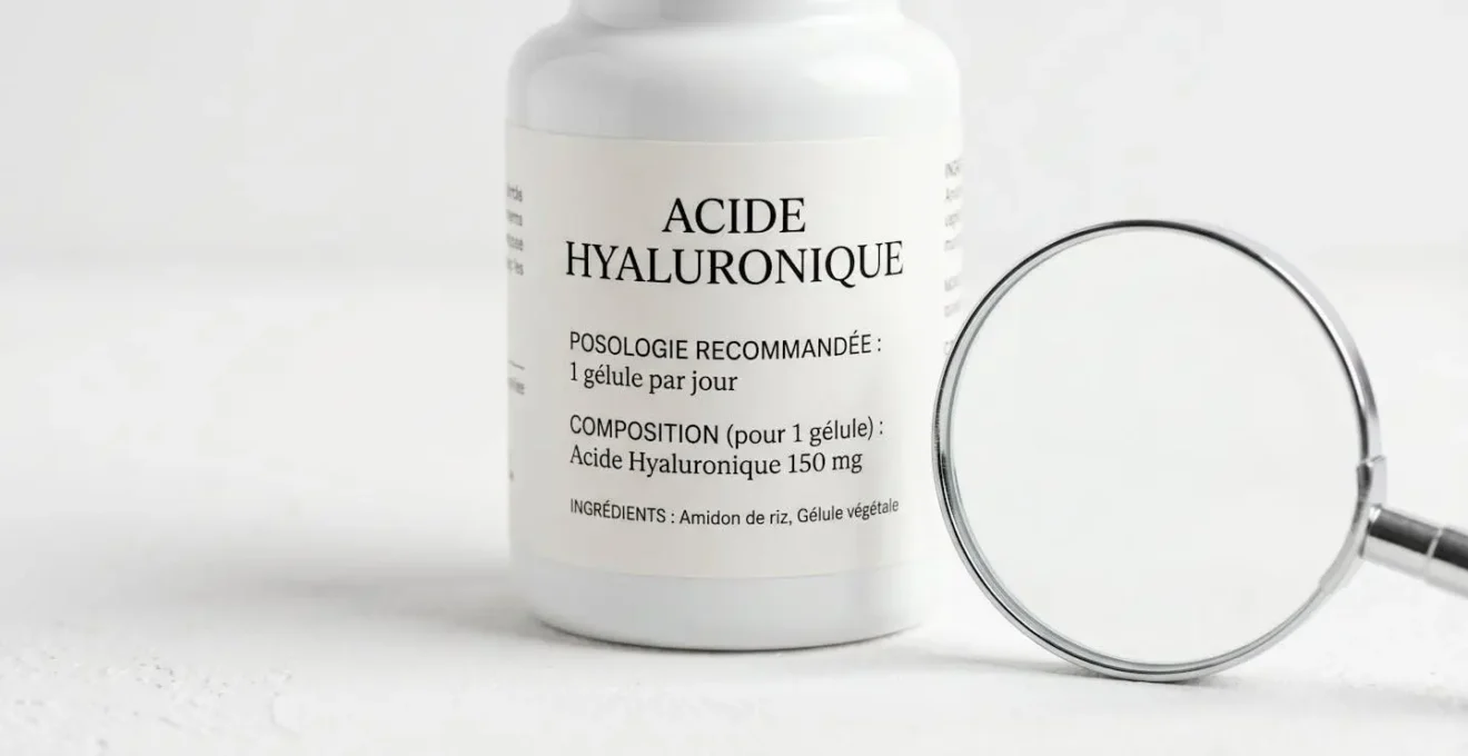 Étiquette de complément alimentaire acide hyaluronique avec loupe en verre suggérant la vérification attentive du dosage et de la composition