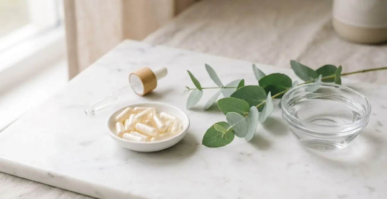 Gélules de complément alimentaire à base d'acide hyaluronique disposées sur surface de marbre blanc avec branche d'eucalyptus fraîche et coupelle d'eau, lumière naturelle douce
