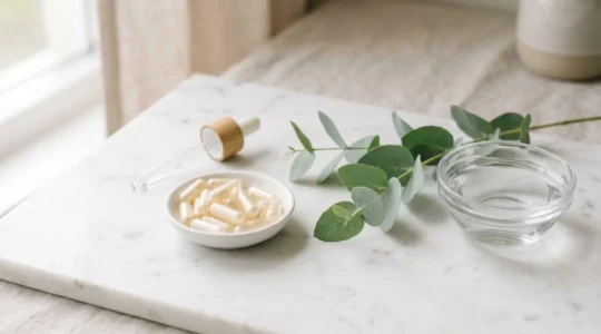 Gélules de complément alimentaire à base d'acide hyaluronique disposées sur surface de marbre blanc avec branche d'eucalyptus fraîche et coupelle d'eau, lumière naturelle douce