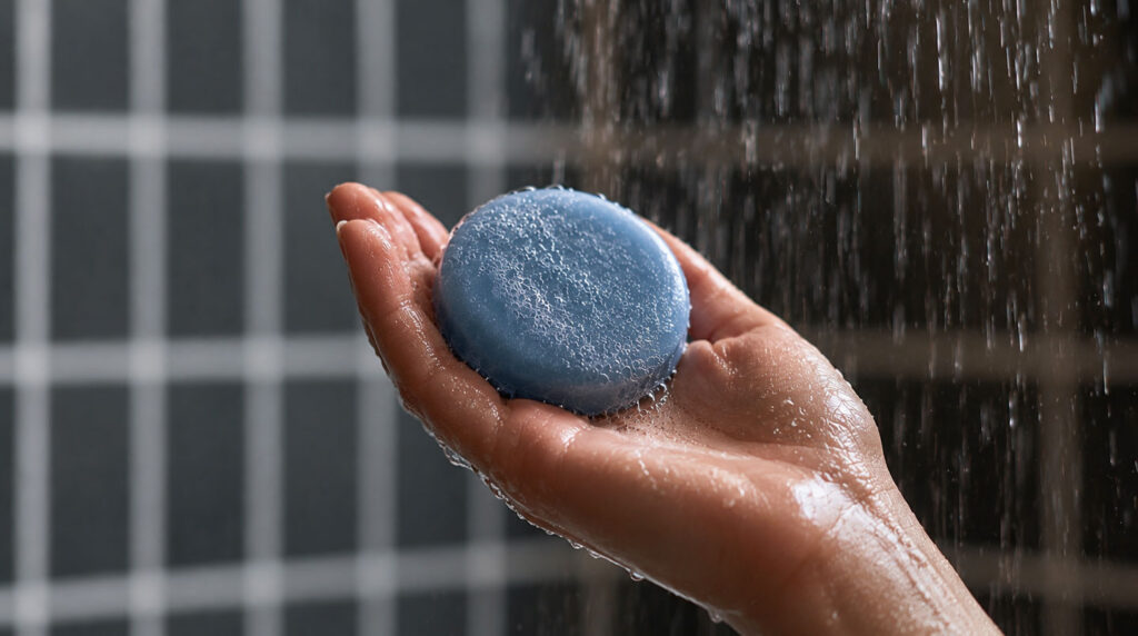 Main féminine tenant un galet de shampoing solide bleu-gris sous l'eau de douche, produisant une mousse blanche crémeuse, avec arrière-plan flou de salle de bain et cheveux mouillés