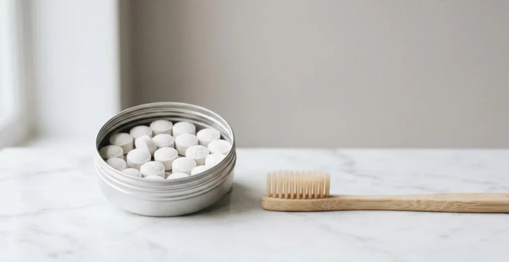 Boîte en métal argenté ouverte contenant des pastilles de dentifrice blanches rondes, posée sur plan de travail en marbre blanc à côté d'une brosse à dents en bambou, dans une composition minimaliste sur fond neutre